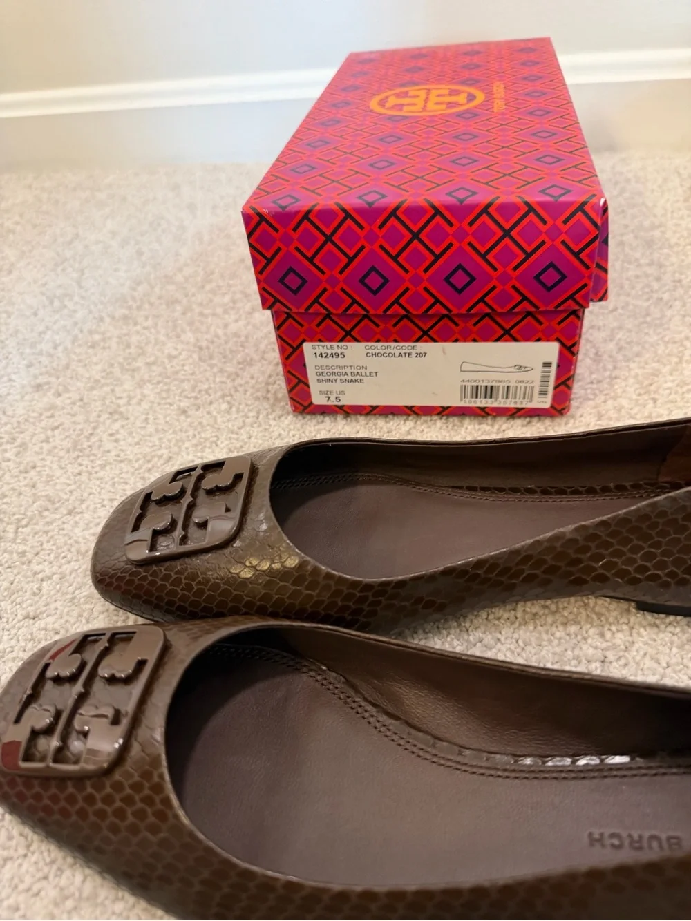 Tory Burch Dark Brown Textured Logo Ballet Flats